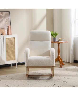  Modern Accent Rocking Chair with Solid Wood Legs and Side Pocket (White, teddy