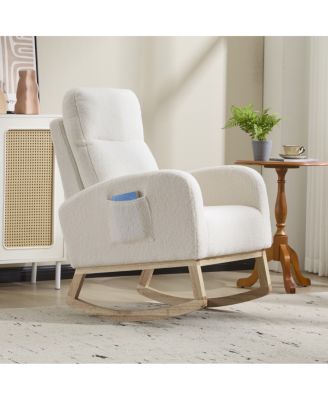  Modern Accent Rocking Chair with Solid Wood Legs and Side Pocket (White, teddy