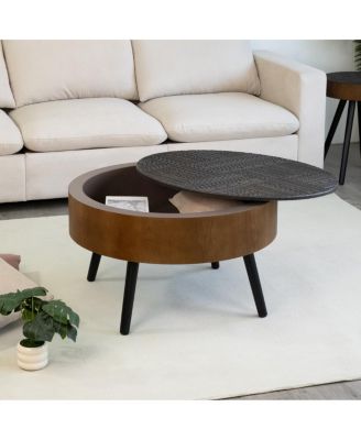 31.5" Round Carved Coffee Table with Storage - Mid-Century Modern (Brown/Black