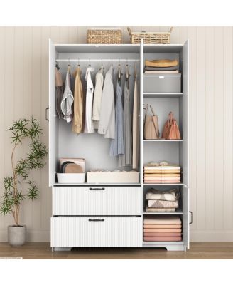 Streamdale 4-Door Wardrobe w/ Mirror, LED, 2 Drawers, Rod, Shelves, White