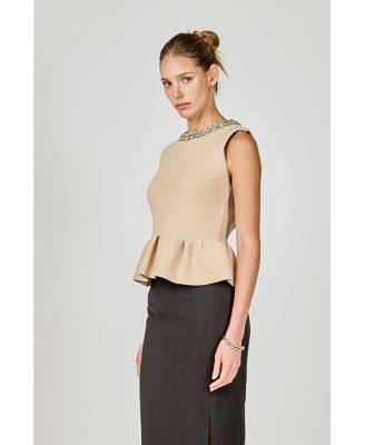 Women's Jewel Trim Neck Peplum Knit Top