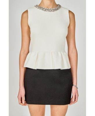 Women's Jewel Trim Neck Peplum Knit Top
