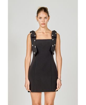 Women's Mini Dress With Rhinestone & Pearl Embellised Bow