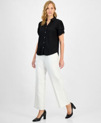 Women's Textured Collared Button-Front Blouse, Regular & Petite