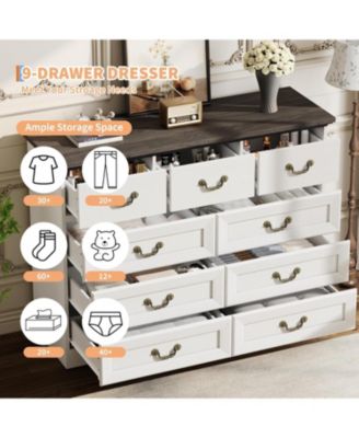 Farmhouse 9-Drawer Dresser, Rustic Vintage Chest with Natural Texture, Spacious Storage Organizer, White