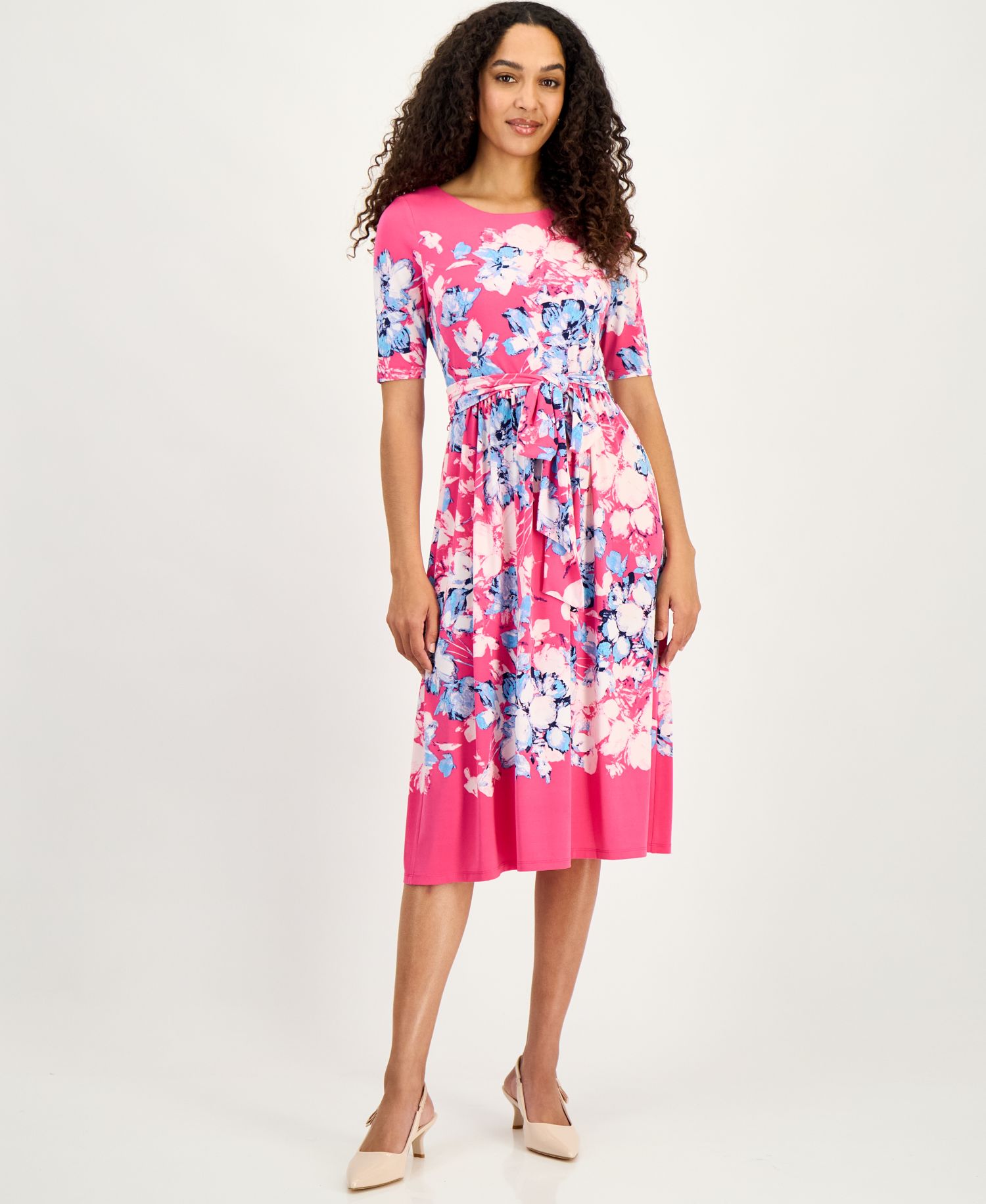Women's Printed Tie-Waist Midi Dress, Regular & Petite