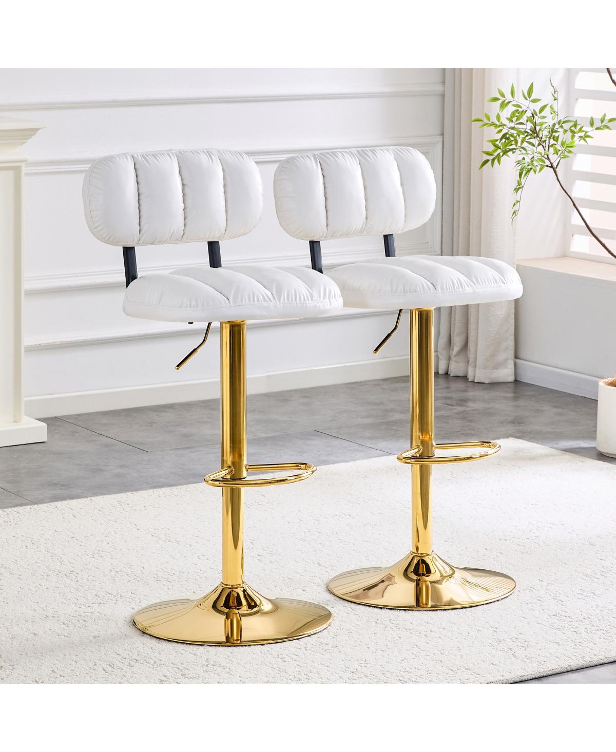 Streamdale Furniture Set of 2 White Pu Leather Bar Stools with Gold Base & Footrest