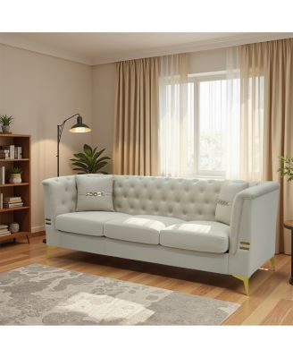  Luxurious Faux Sherpa Sofa with Gold Accents & Removable Cushions