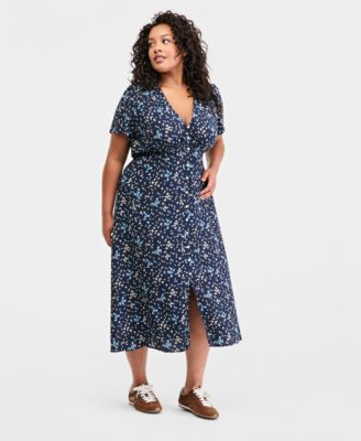 Plus Size V-Neck Button-Front A-Line Midi Dress