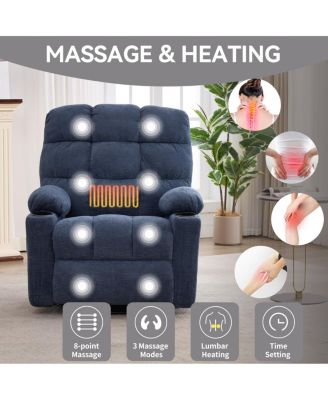 Fabric Recliner Chair with Heat Massage, Rocker & Swivel