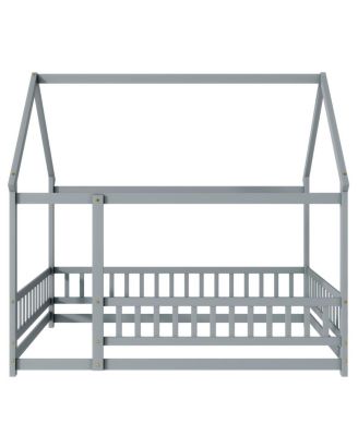 Full Size House Floor Wooden Bed with Roof Frame, Safety Guardrails