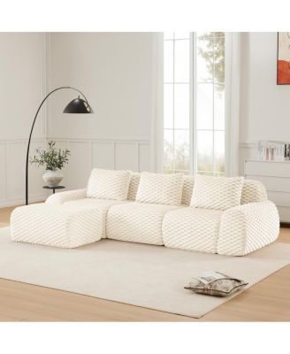 Streamdale 114" Modern L-Shaped Flannelette Sectional Sofa with Movable Ottoman, Cream