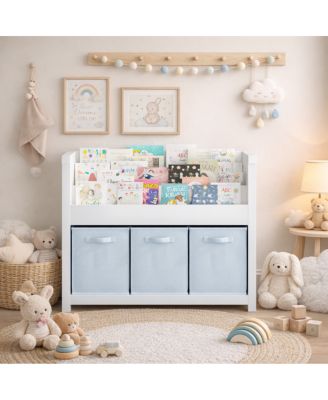 Kids Bookshelf with 3 Tier Storage & 3 Fabric Bins, Wooden Toddler Bookcase