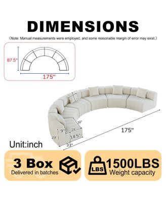 Chenille curved sectional sofa with 6 pillows, modular semi-circular sofa for any room