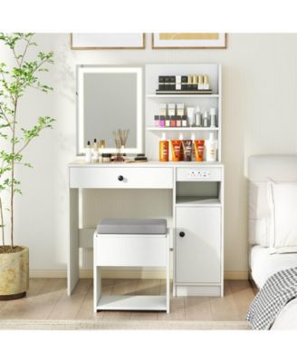 Vanity Desk Set with Mirror & Lights Power Outlet Cushioned Stool