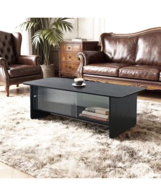 Rectangular Modern Minimalist Coffee Table with Sliding Glass Door Storage