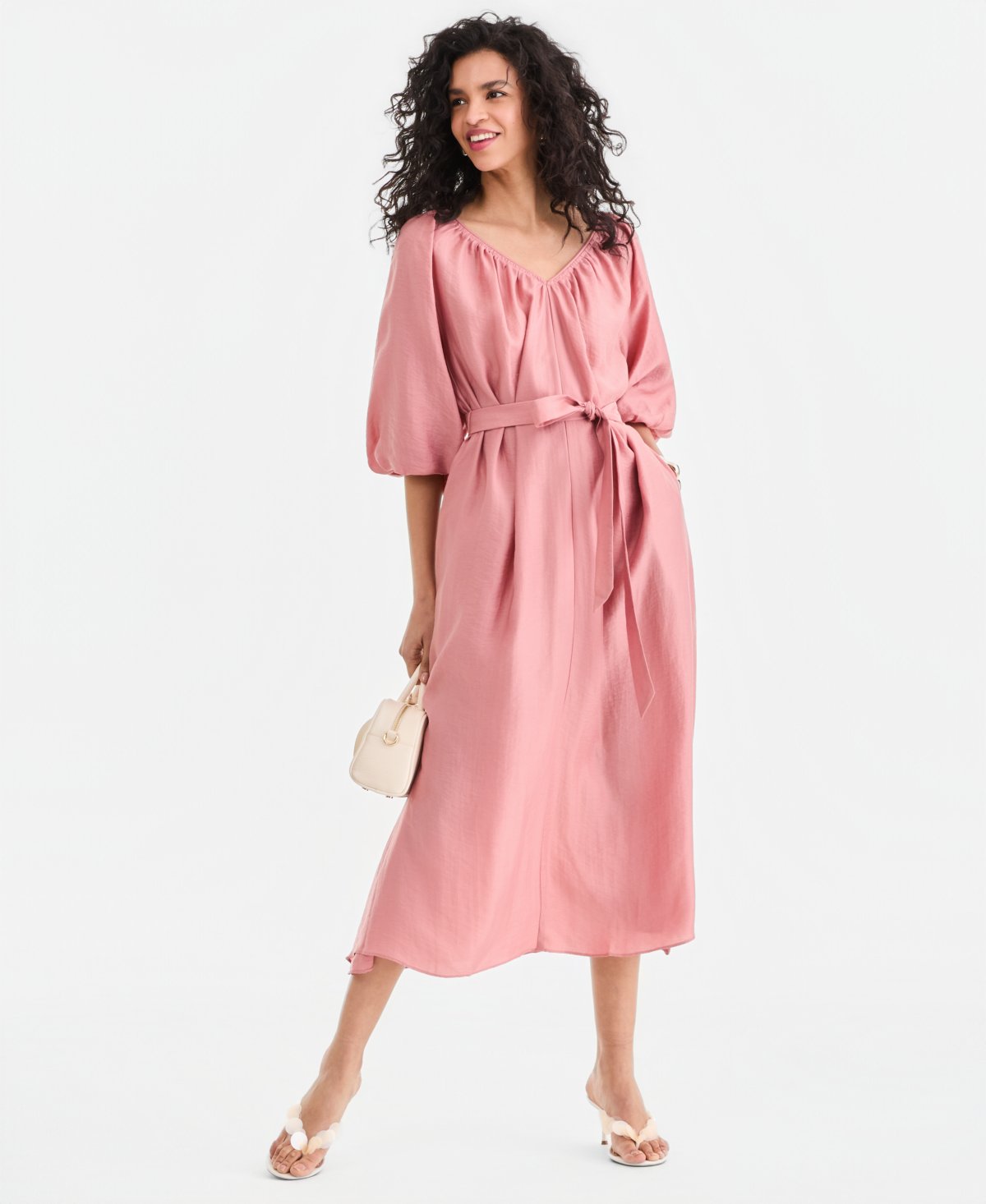 Women's 3/4 Sleeve Tie-Waist Midi Dress