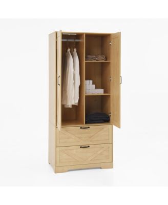 2-Door Wood Wardrobe with Hanging Rod, 2 Drawers, Mirror & Light