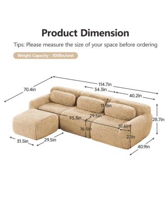 L-shaped Soft Fluffy Plush Boneless Sofa with Pillows, No Assembly, Movable Ottoman