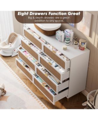 Rattan 8 Drawer Dresser for Bedroom, Tall Chest of Drawers with Deep Storage and Wide Top