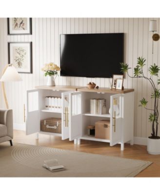 Sideboard Cabinet with 2 Glass Doors and Drawers, 29" Buffet with Solid Wood Top, White