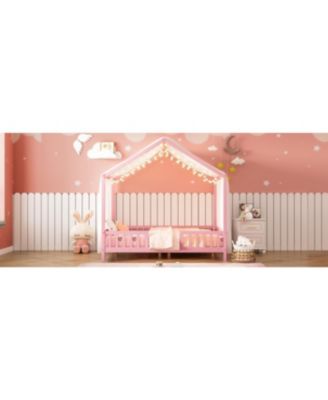 Montessori Floor Bed with Canopy, Full Size House Shape Toddler Bed Frame