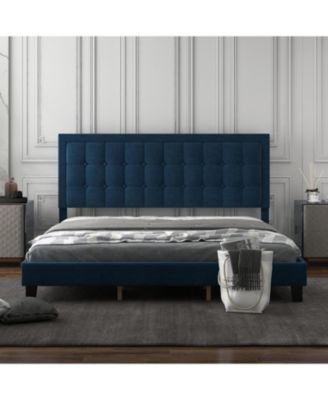 Bed Frame with Upholstered Button Tufted Headboard - Blue Bed Frame with Wood Slat Support, No Box Spring Needed - Sturdy Metal Foundation