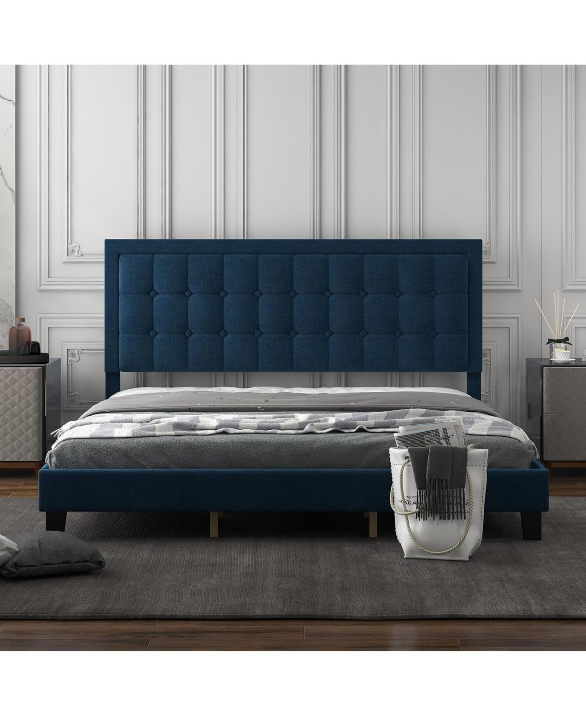 gaomon Bed Frame with Upholstered Button Tufted Headboard - Blue Bed Frame with Wood Slat Support, No Box Spring Needed