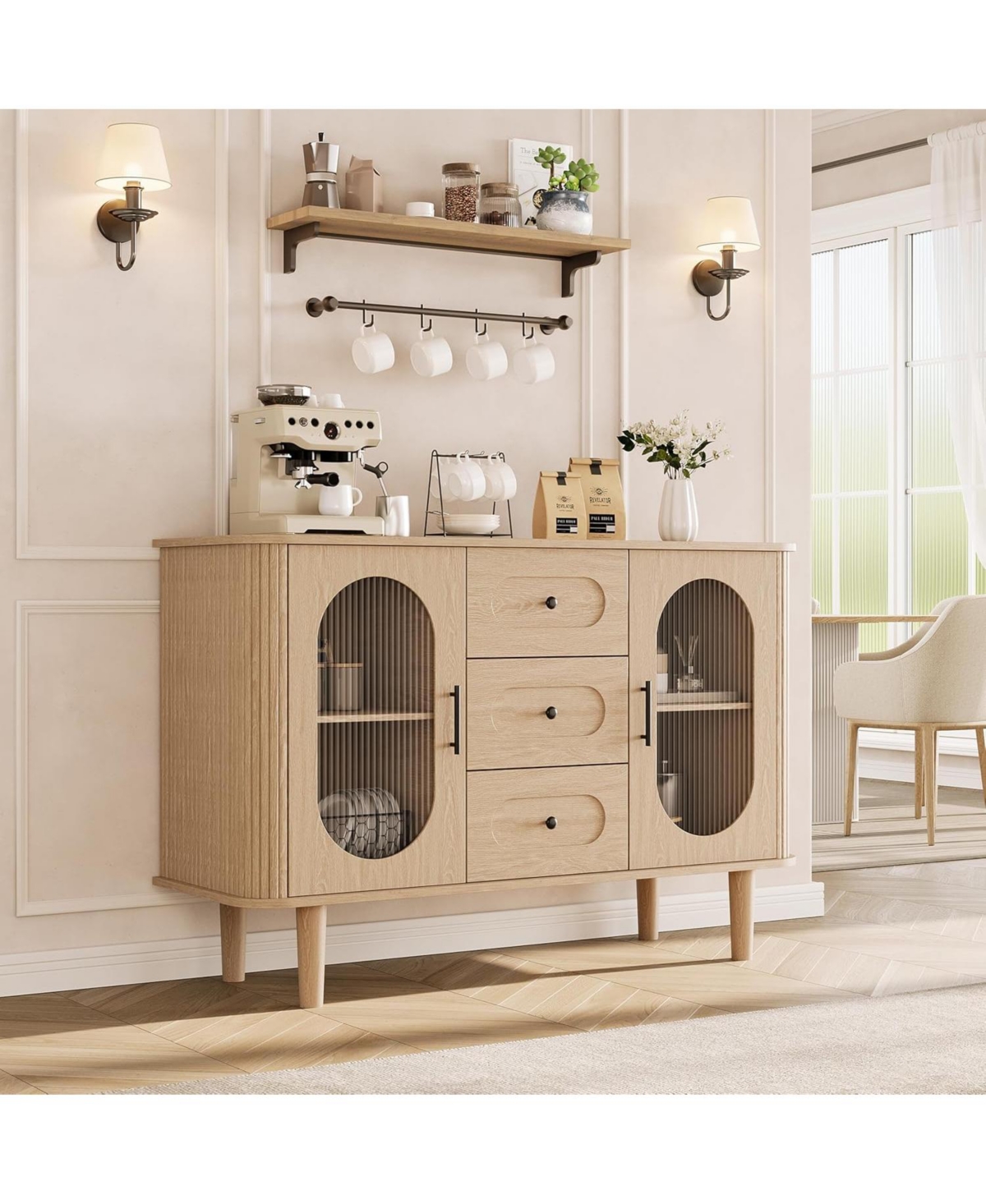 gaomon 47" Buffet Cabinet, Coffee Bar Cabinet with 2 Doors & 3 Drawers, Adjustable Shelves