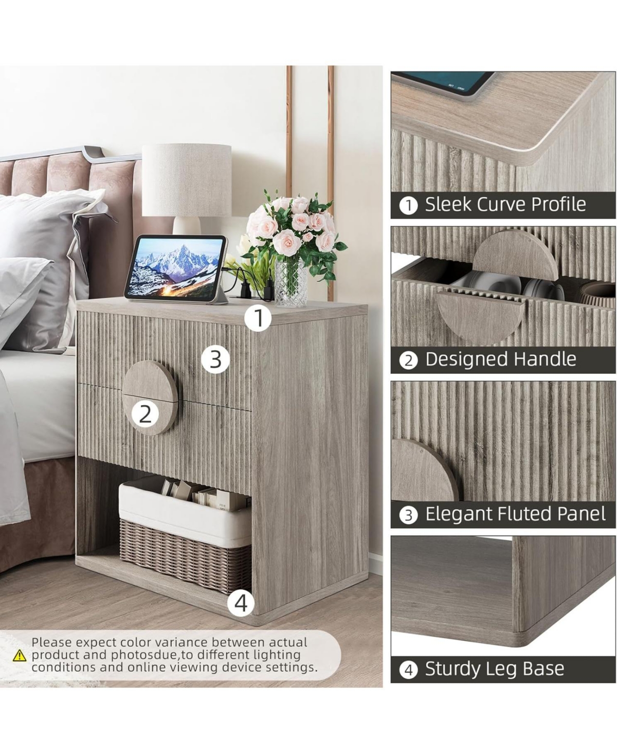 gaomon Nightstand Set of 2 with Charging Station, Fluted 2-Drawer End Tables with Open Storage for Bedroom, Grey