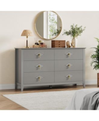 54" Wide Fluted Dresser, 6 Drawer Modern Wood Storage Chest for Bedroom or Entryway, Grey