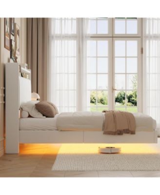 Full Floating Bed Frame with LED Lights & Charging Station, Upholstered PU Leather Platform Bed Frame with Storage Headboard - Queen