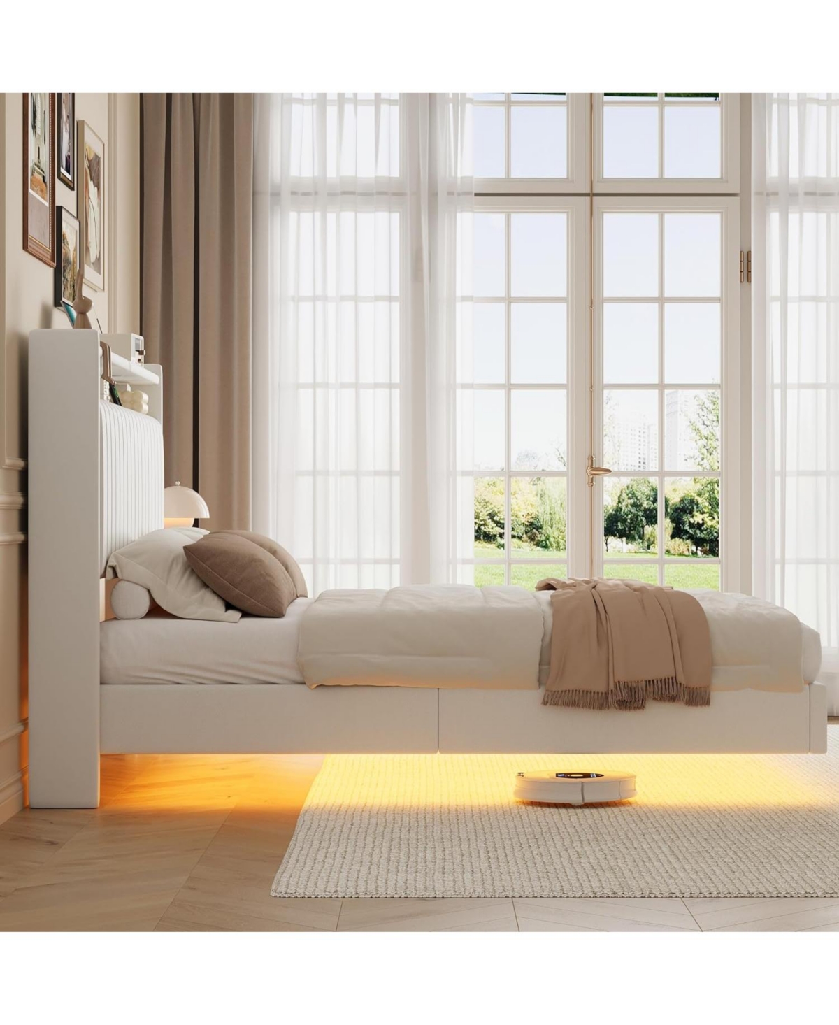 gaomon Full Floating Bed Frame with Led Lights & Charging Station, Upholstered Pu Leather Platform Storage Headboard