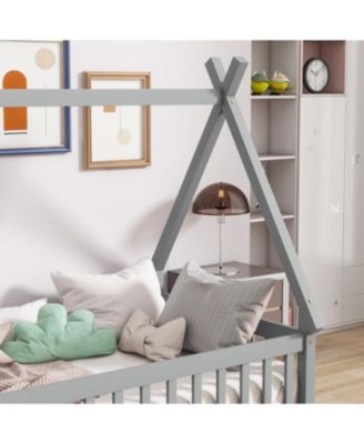 Twin Tent-shaped Floor Bed, Teepee Bed with Guardrails, Slats