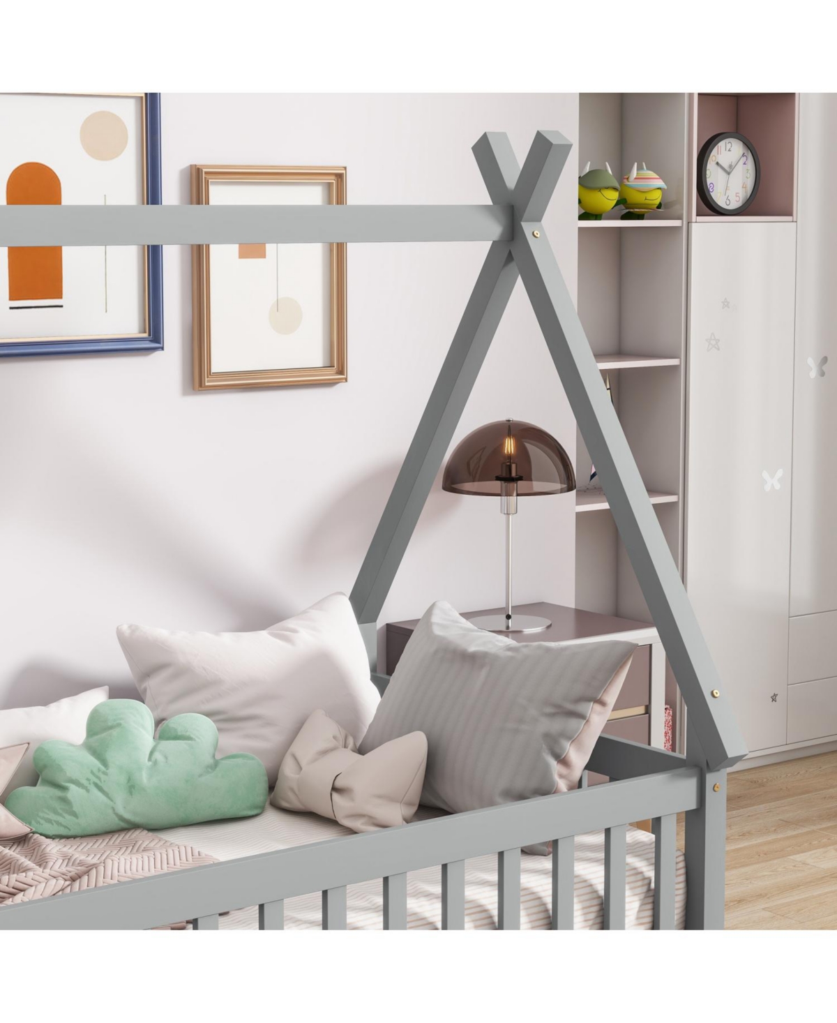 Streamdale Furniture Twin Tent-shaped Floor Bed, Teepee Bed with Guardrails, Slats