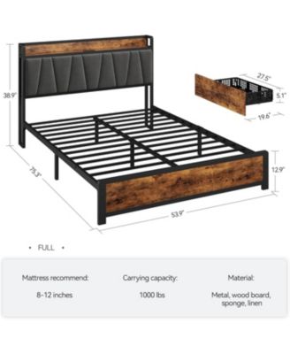 Bed Frame with Storage Linen Upholstered Headboard, 4 Drawers Platform Bed Frame with Charging Station, No Box Spring Needed - Full