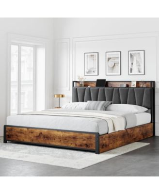Bed Frame with Storage Linen Upholstered Headboard, 4 Drawers Platform Bed Frame with Charging Station, No Box Spring Needed - King