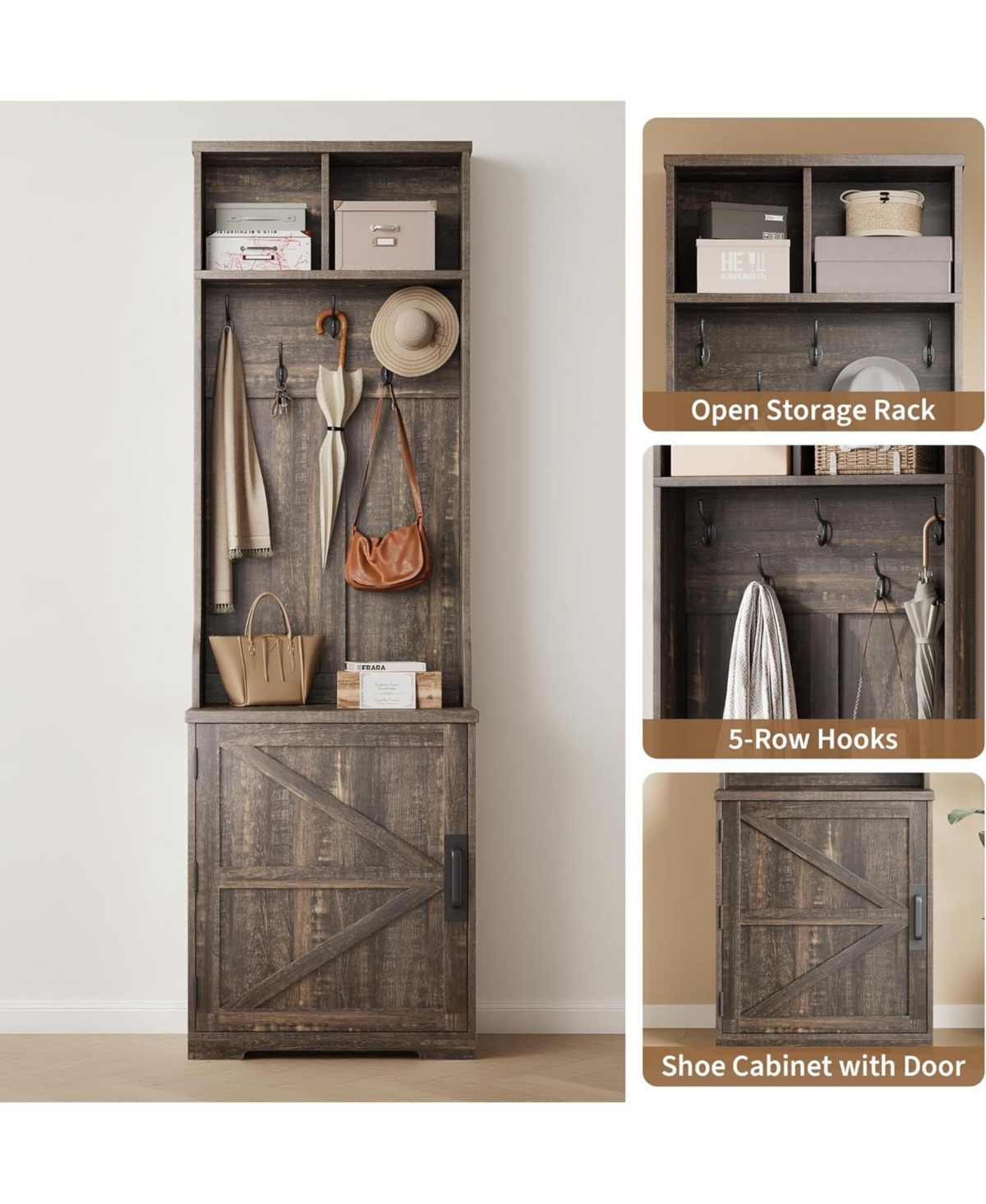 gaomon Farmhouse 3-in-1 Hall Tree with Shoe Storage Bench & Hooks for Entryway