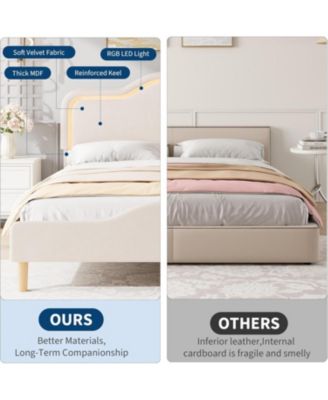 Upholstered LED Bed Frame with Adjustable Headboard and Footboard, Velvet Princess Platform Bedframe for Kids/Girls - Twin