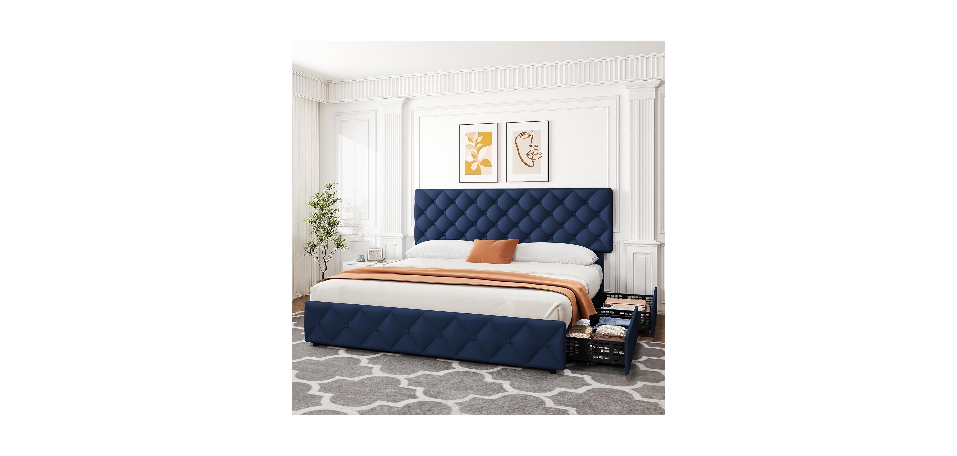 gaomon Bed Frame with 4 Storage Drawers and Adjustable Headboard, Faux Leather Upholstered Platform Beds