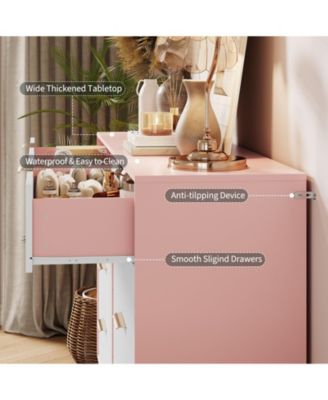 Fluted 8-Drawer Dresser for Bedroom, 55" Wide Modern Wooden Chest of Drawers, Pink