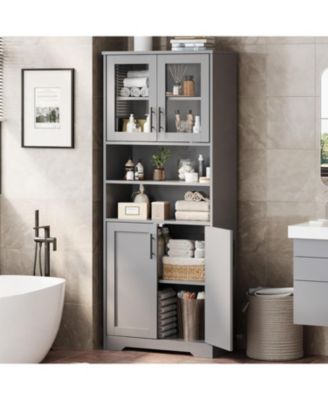 67" Tall Storage Cabinet, Freestanding Bathroom Cabinet with Glass Doors and Adjustable Shelves, Kitchen Pantry, Grey