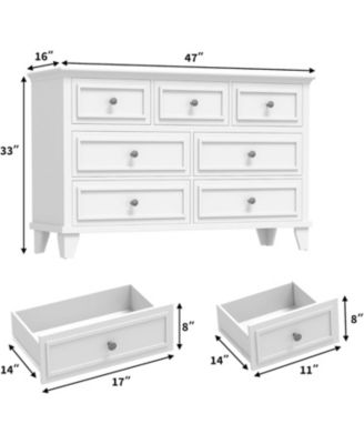 7-Drawer Dresser for Bedroom, 47" Wide Wooden Chest with Deep Drawers, Dresser TV Stand, White