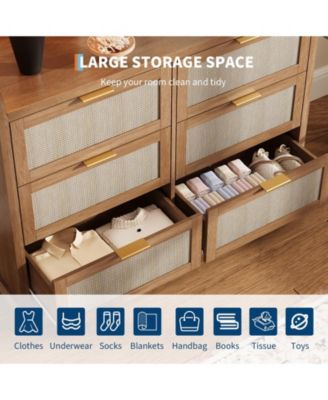 6-Drawer Rattan Dresser for Bedroom, 47.2" Wide Wooden Chest with Ample Storage, Beige