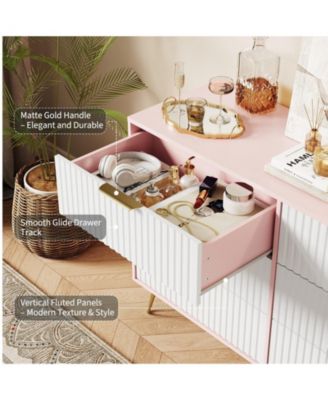 Fluted 6-Drawer Dresser for Bedroom, 47" Wide Modern Wooden Chest of Drawers, Pink