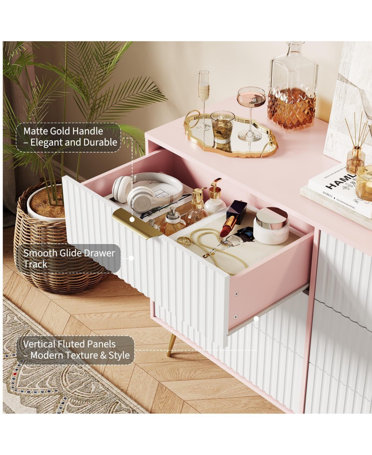 gaomon Fluted 6-Drawer Dresser for Bedroom, 47" Wide Modern Wooden Chest of Drawers, Pink