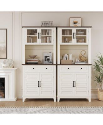 72" Farmhouse Coffee Bar Cabinet, Buffet Sideboard with Storage Drawers and Glass Doors for Kitchen or Dining Room, White