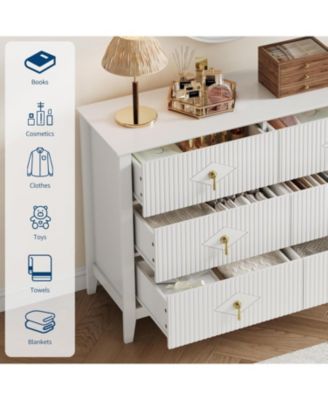 47" Wide Fluted Dresser, 6 Drawer Modern Wood Storage Chest for Bedroom or Living Room, White
