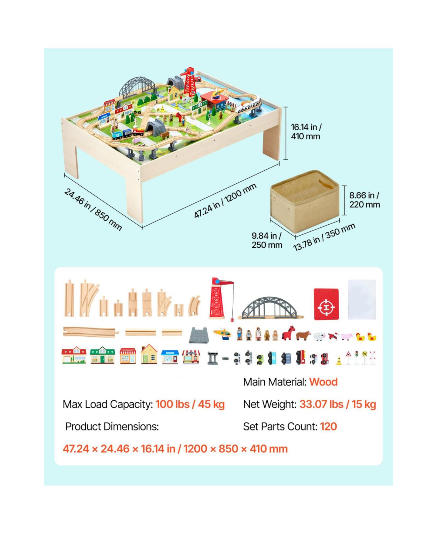 Детские игрушки Slickblue Train 120-Piece Wooden Activity Table with Collapsible Storage, цвет: Натуральный — фото 3