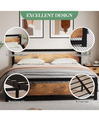14 Inch Heavy Duty Industrial Metal Platform Bed Frame with Wooden Headboard - King